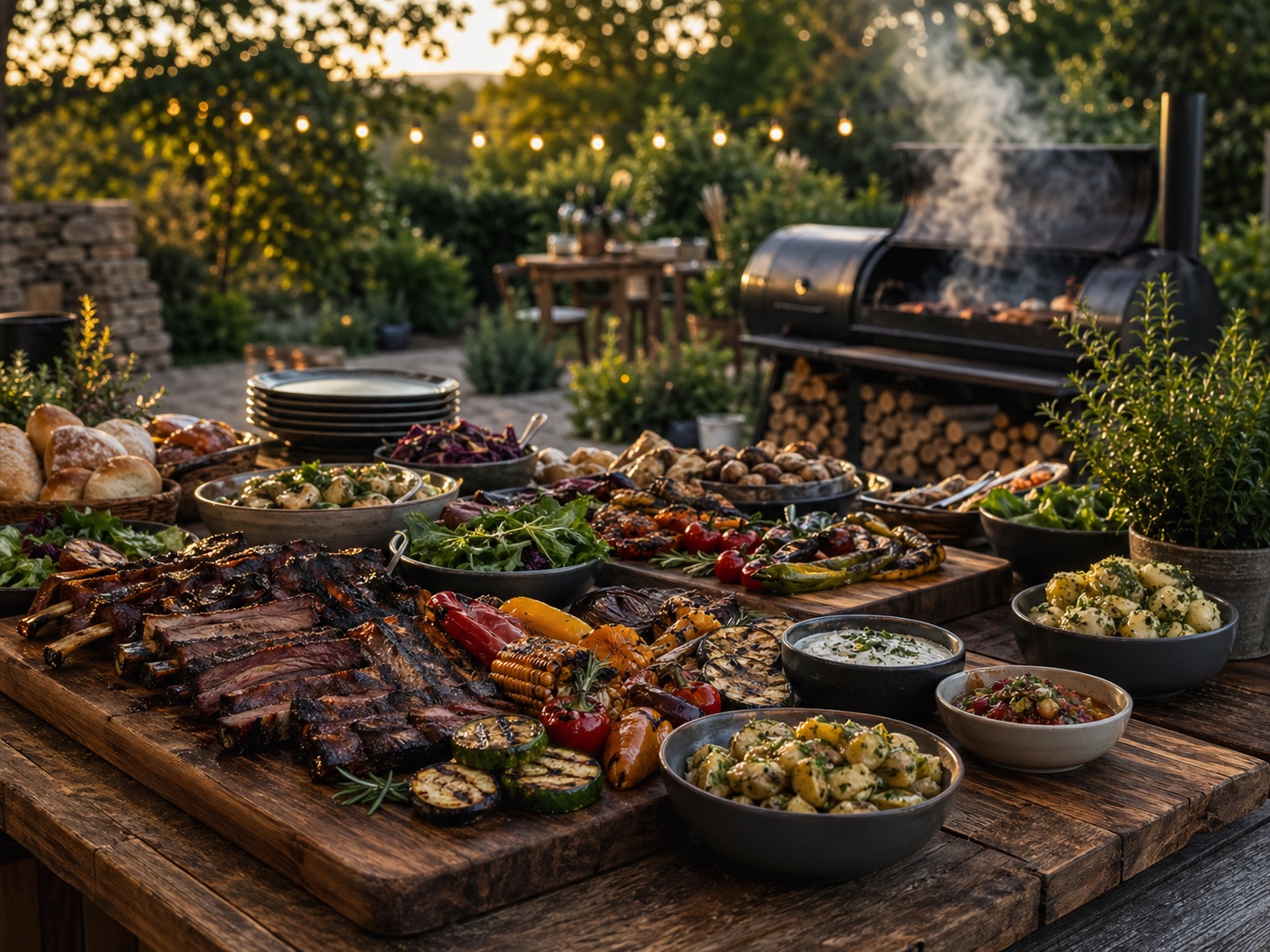 BBQ-Buffet mit gegrillten Speisen und Beilagen in einem Garten