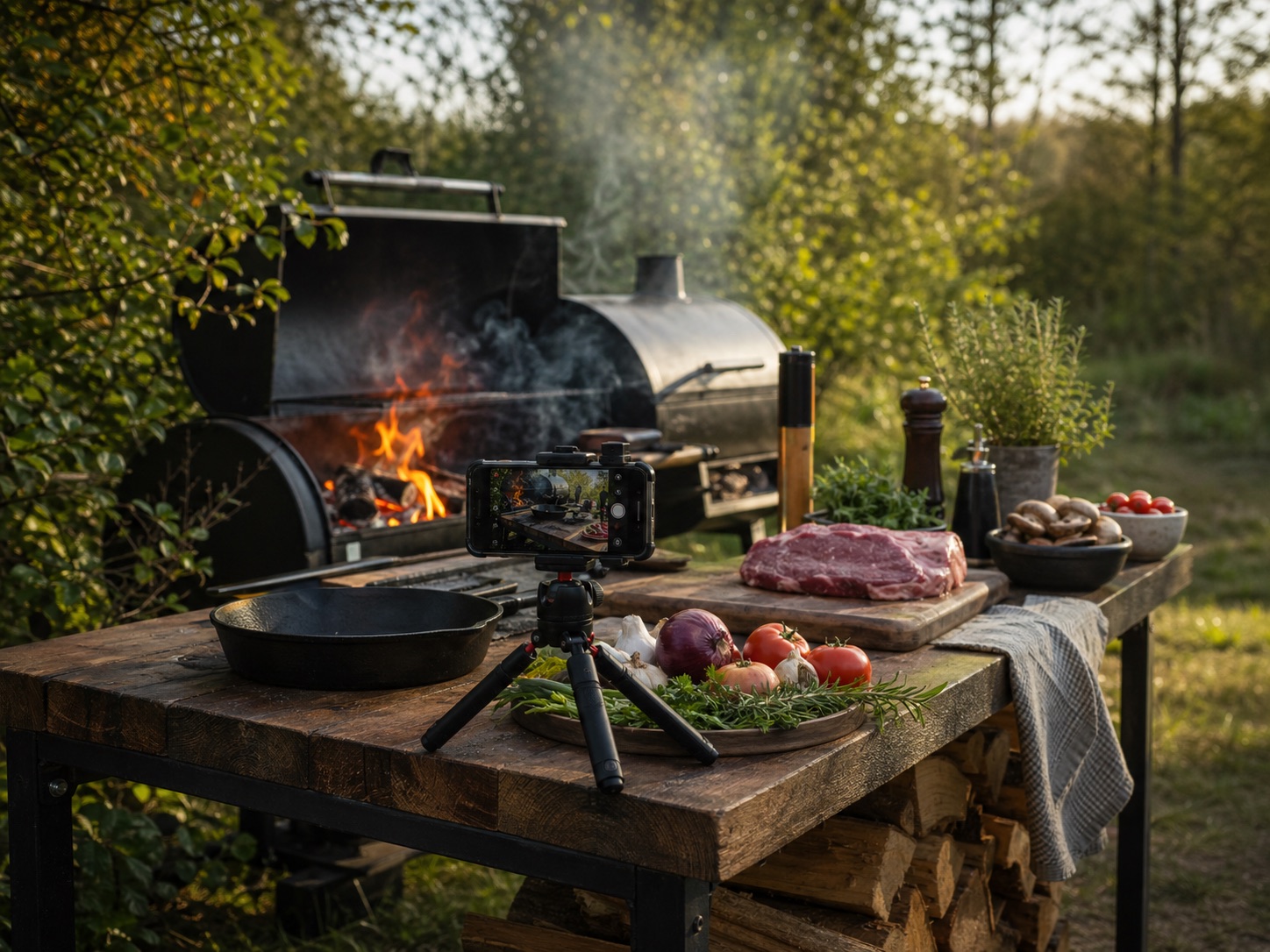 Outdoor-Cooking-Setup mit Grill, Zutaten und Kamera für BBQ-Content