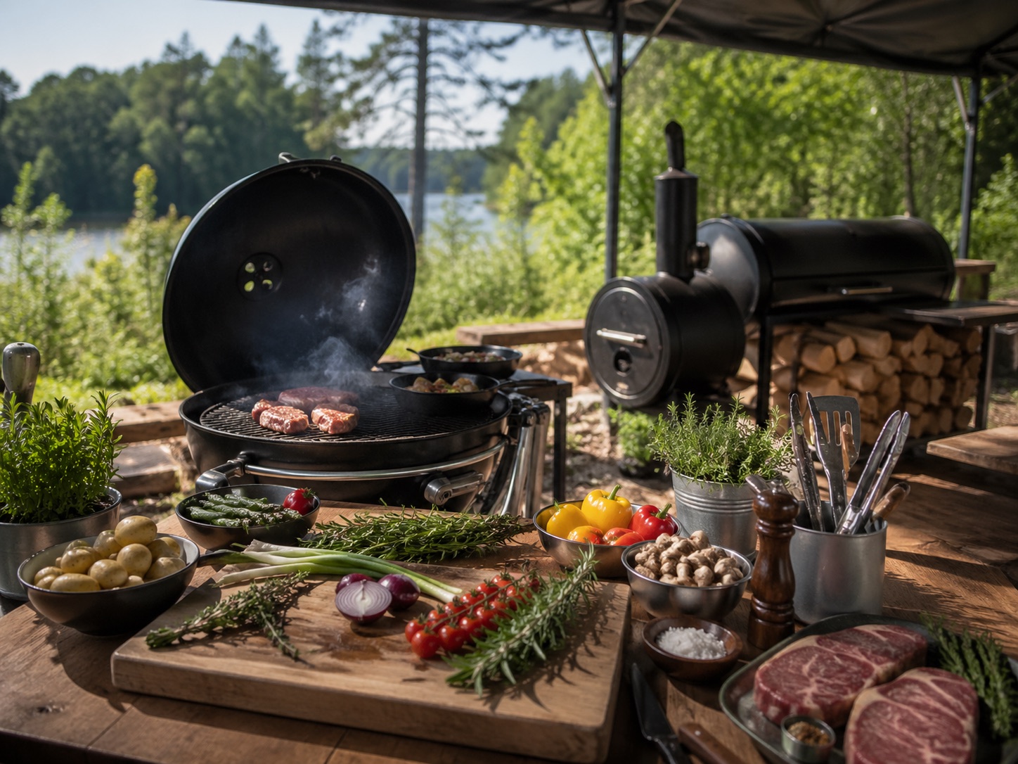 Vorbereiteter BBQ-Tisch mit Zutaten, Werkzeugen und Grillstation