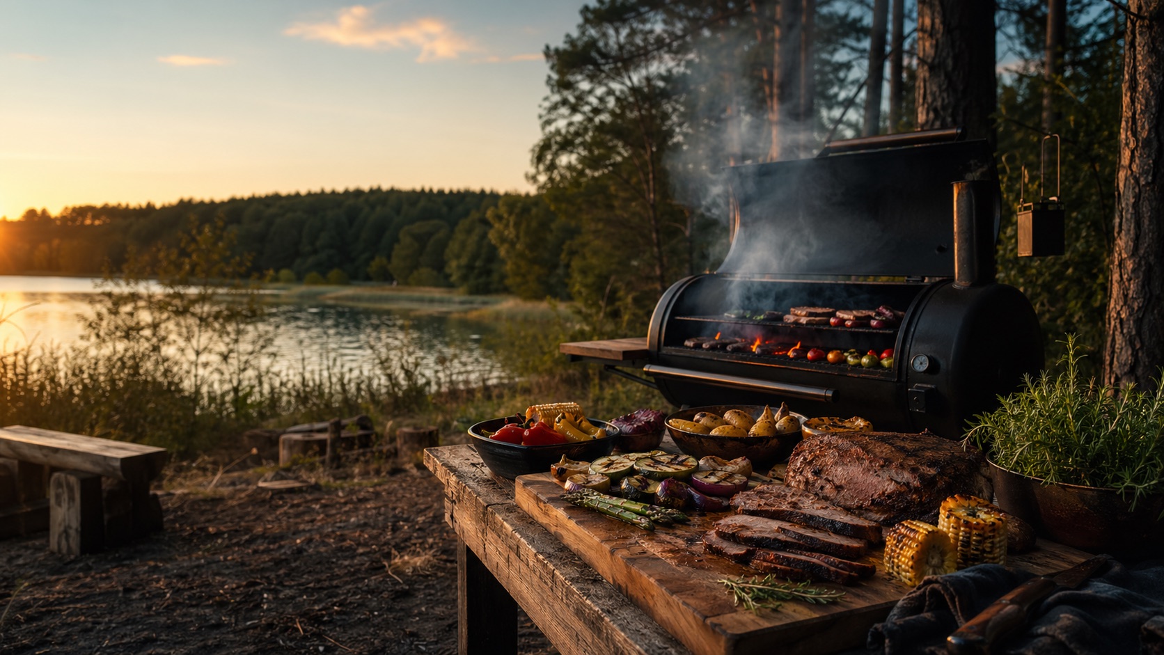 BBQ-Setup mit Grill, Glut und gedecktem Tisch im Abendlicht