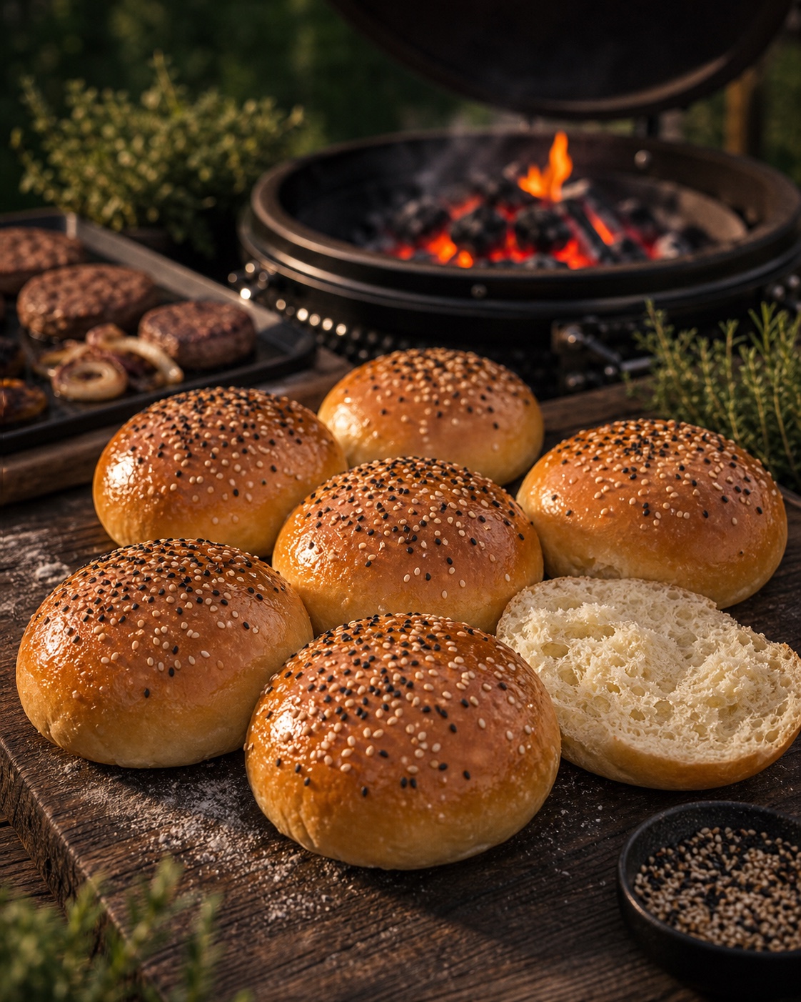 Fluffige Burger Buns mit Sesam und Schwarzkümmel